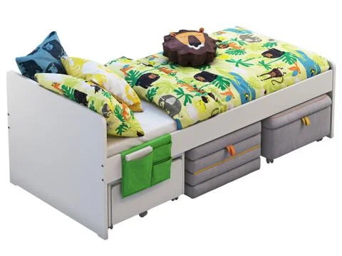 White single children's bed with storage and padded stool. 3d render Stock Illustration