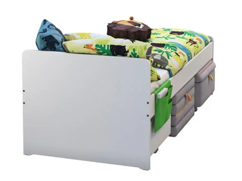 White single children's bed with storage and padded stool. 3d render Stock Illustration