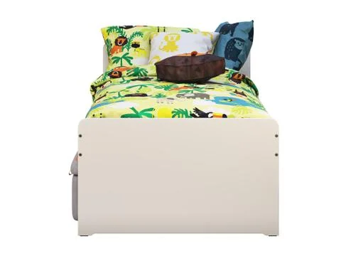 White single children's bed with storage and padded stool. 3d render Stock Illustration