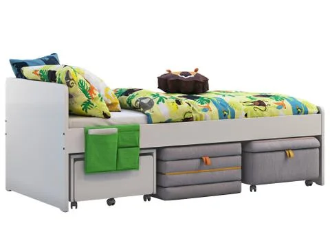 White single children's bed with storage and padded stool. 3d render Stock Illustration