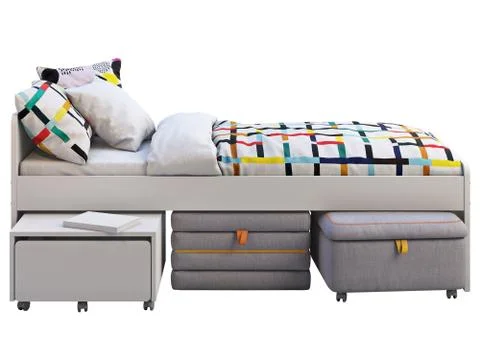 White single children's bed with storage and padded stool. 3d render Stock Illustration