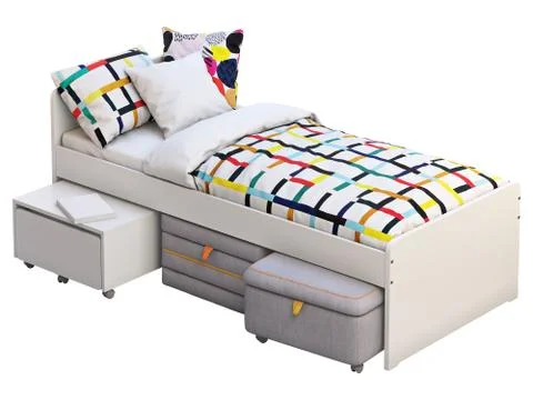 White single children's bed with storage and padded stool. 3d render Stock Illustration