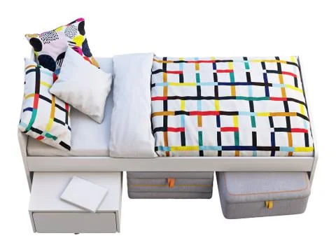 White single children's bed with storage and padded stool. 3d render Stock Illustration