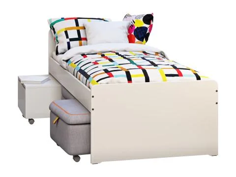White single children's bed with storage and padded stool. 3d render Stock Illustration