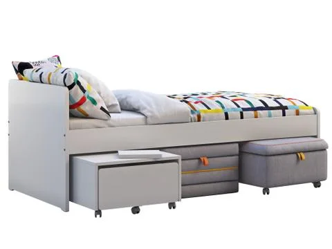 White single children's bed with storage and padded stool. 3d render Stock Illustration