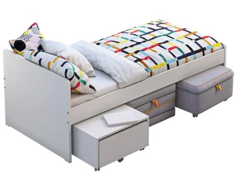 White single children's bed with storage and padded stool. 3d render Stock Illustration