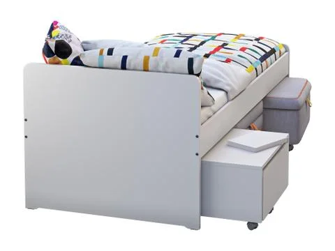 White single children's bed with storage and padded stool. 3d render Stock Illustration