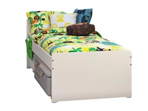 White single children's bed with storage and padded stool. 3d render Stock Illustration