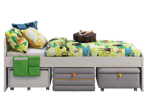White single children's bed with storage and padded stool. 3d render Stock Illustration