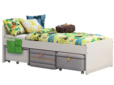 White single children's bed with storage and padded stool. 3d render Stock Illustration