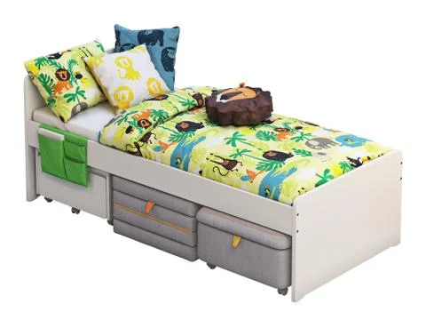 White single children's bed with storage and padded stool. 3d render Stock Illustration