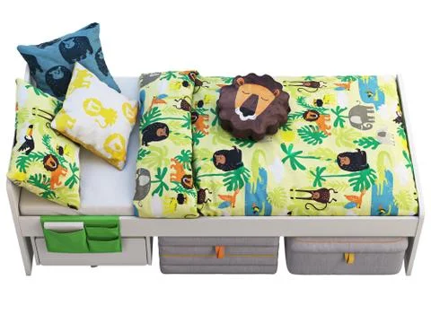 White single children's bed with storage and padded stool. 3d render Stock Illustration