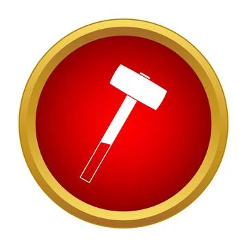White sledgehammer icon on a red circular button with a gold rim Stock Illustration