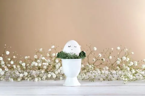 White sleeping egg in egg cup with gypsophila flowers and moss. Easter and Stock Photos