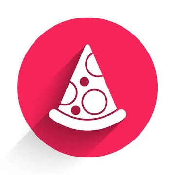 White Slice of pizza icon isolated with long shadow. Fast food menu. Red circle Ilustración de archivo