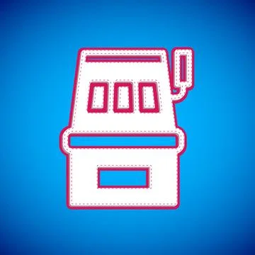 White Slot machine icon isolated on blue background.  Vector Illustrazione stock