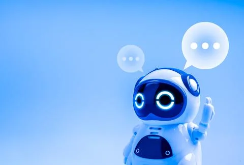White smart cute 3d robot raising hand with speech bubbles isolated on blue.. 스톡 일러스트
