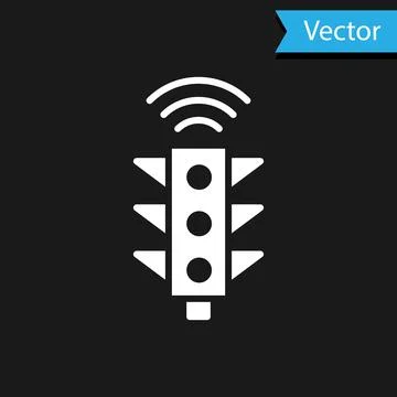 White Smart traffic light system icon isolated on black background. Internet  Stock Illustration