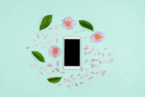 White smartphone with black copyspace screen with leaves, flowers buds and pe Stock Photos