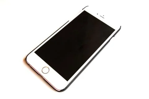 White smartphone with black screen on a white isolated background. Stock Photos