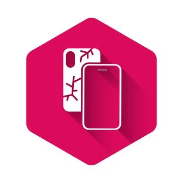 White Smartphone with broken screen icon isolated with long shadow background Illustrazione stock