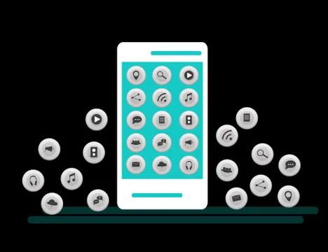 White Smartphone with cloud of application icons and Apps icons flying around Stock Illustration