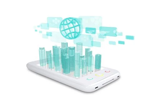 White smartphone with virtual cityscape Stock Illustration