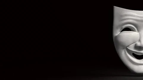 White Smiling Theater Mask in Darkness 3d render. Stock Illustration