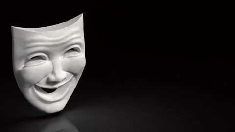 White Smiling Theater Mask in Darkness 3d render. Stock Illustration