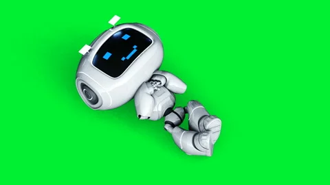 White smiling toy robot animation. Phisical motion blur. Realistic green screen Stockbeeldmateriaal 132458866
