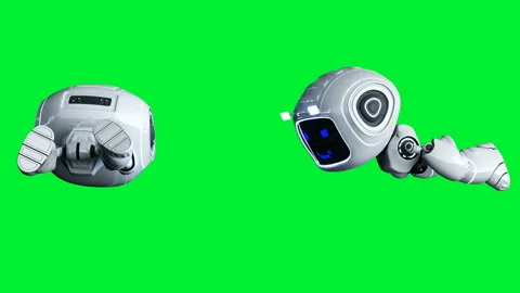 White smiling toy robot animation. Phisical motion blur. Realistic green screen Stock Footage 132458935