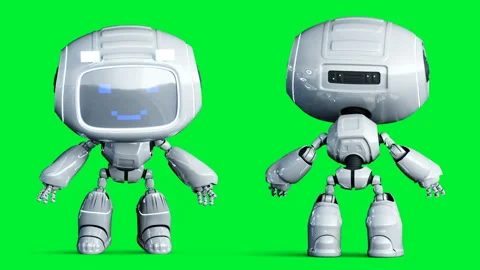 White smiling toy robot animation. Phisical motion blur. Realistic green screen Video stock 132459320