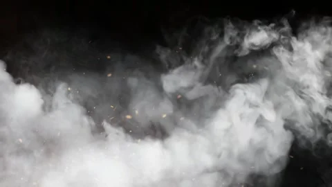 White smoke clouds and glowing embers floating on a black background Stock Footage 342897947