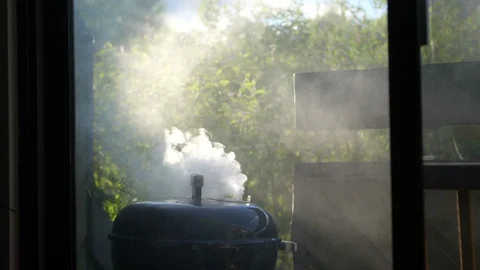 White smoke coming out of BBQ kettle medium Stock Footage