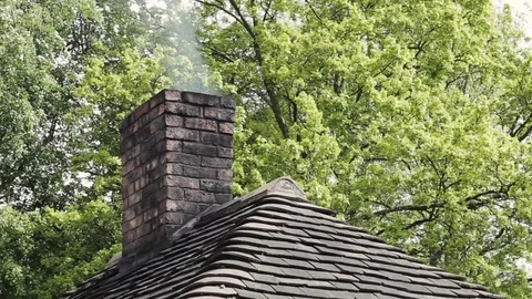 White smoke flows from stone chimney in lonely cottage in the woods, green trees Stock-Footage 73513563