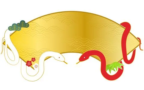 White Snake, Red Snake and Fan Frame Japanese Material without Lettering 스톡 일러스트