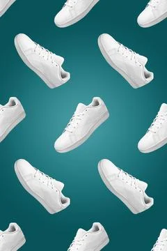 White Sneakers Pattern Green Background Stock Photos