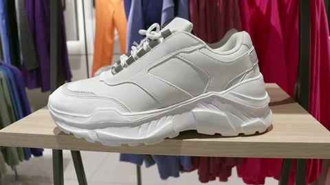 White sneakers on the store shelf Stock Footage 235624078