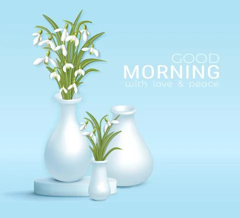 White snowdrops in a vase and notes good morning on turquoise background Stock Illustration