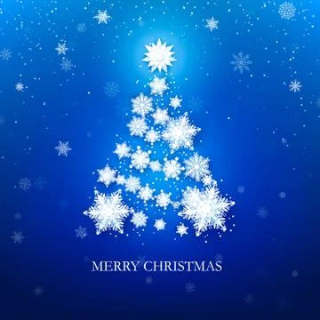 White snowflake Christmas tree on blue background. Christmas greeting card. V Stock Illustration