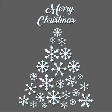 White snowflake Christmas tree on gray background. Christmas vector card Stock Illustration