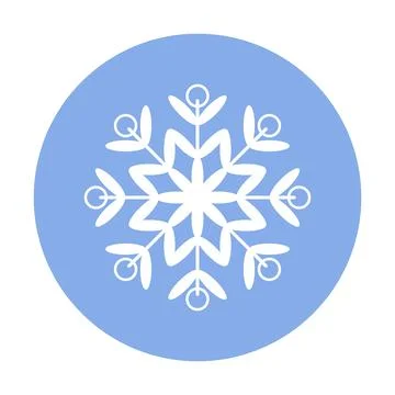 White snowflake icon in blue circle. Flat vector design. Stock Illustration