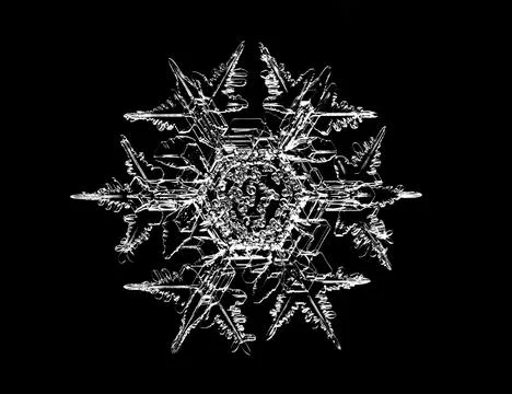 White snowflake isolated on black background. Illustration based on macro photo Stock Illustration