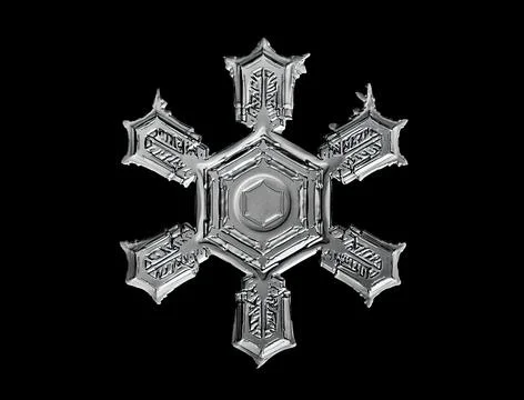 White snowflake isolated on black background. Illustration based on macro photo Stock Illustration