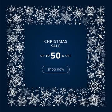 White snowflake square frame on dark blue background. Vector sale banner 스톡 일러스트