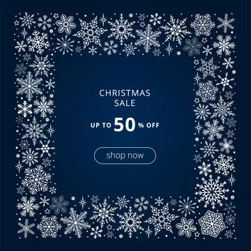 White snowflake square frame on dark blue background. Vector sale banner Stock Illustration