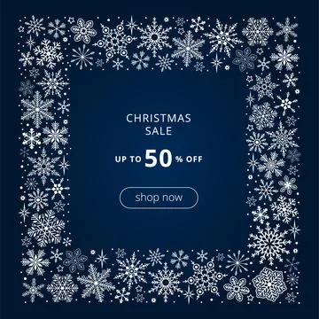 White snowflake square frame on dark blue background. Vector sale banner Stock Illustration