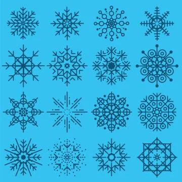 White snowflakes big set of different variations on azure background. Thin li Stock-Illustration