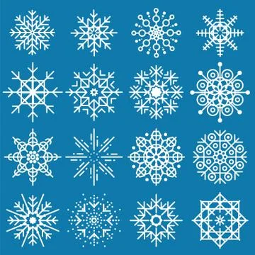 White snowflakes big set of different variations on blue background. Thin lin Stock-Illustration