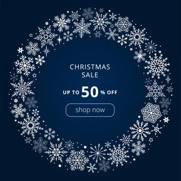 White snowflakes circle frame on dark blue background. Vector sale banner Illustrazione stock
